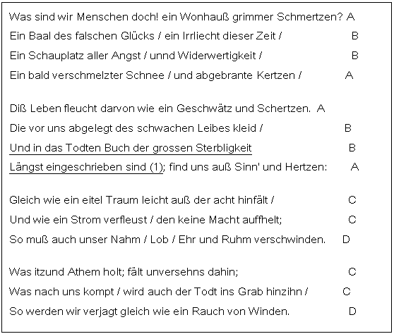 Text Box: Was sind wir Menschen doch! ein Wonhau grimmer Schmertzen? A
Ein Baal des falschen Glcks / ein Irrliecht dieser Zeit /		 B
Ein Schauplatz aller Angst / unnd Widerwertigkeit /			 B
Ein bald verschmelzter Schnee / und abgebrante Kertzen /              A
Di Leben fleucht darvon wie ein Geschwtz und Schertzen.	 A
Die vor uns abgelegt des schwachen Leibes kleid /                          B
Und in das Todten Buch der grossen Sterbligkeit		           B
Lngst eingeschrieben sind (1); find uns au Sinn' und Hertzen:	 A
Gleich wie ein eitel Traum leicht au der acht hinflt /			C
Und wie ein Strom verfleust / den keine Macht auffhelt;		C
So mu auch unser Nahm / Lob / Ehr und Ruhm verschwinden.     D
Was itzund Athem holt; flt unversehns dahin;				C
Was nach uns kompt / wird auch der Todt ins Grab hinzihn /           C
So werden wir verjagt gleich wie ein Rauch von Winden.		D

